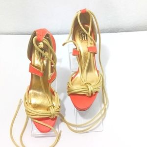 M By Shakara Size 8.5M Orange Heels with Gold Laces